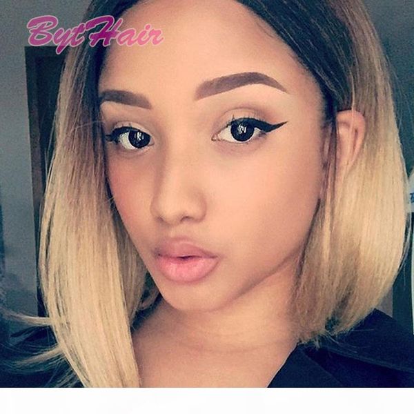 

bythair glueless bleached knots full lace human hair wigs ombre two tone middle part straight bob wigs brazilian remy hair lace front wig, Black;brown