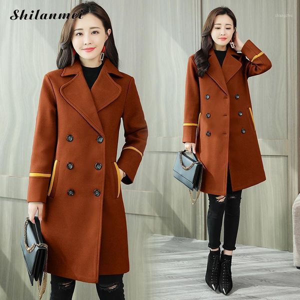 

fashion casual slim solid warm coat winter women wool elegant double breasted pockets outwear casaco feminino, Black