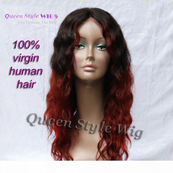

chic two tone color wig raw black ombre burgundy red curly hair lace front wigs for black woman 100% indian virgin human hair, Black;brown