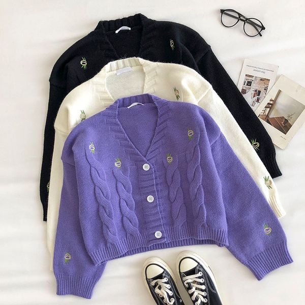 

2021 new spring autumn crop sweaters fashion women v neck single-breasted flower embroidery short cardigan korean jacket o7ip, White;black