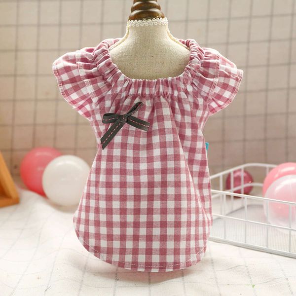 

spring and summer dog shirt straight teddy baume bow check t-shirt pet clothes