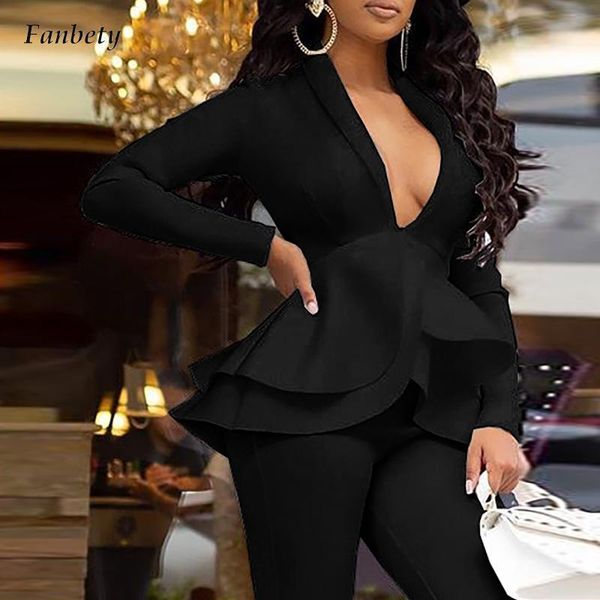 

women's two piece pants office lady fashion solid commute sets elegant ruffle and patchwork lace long sleeve women outfits, White