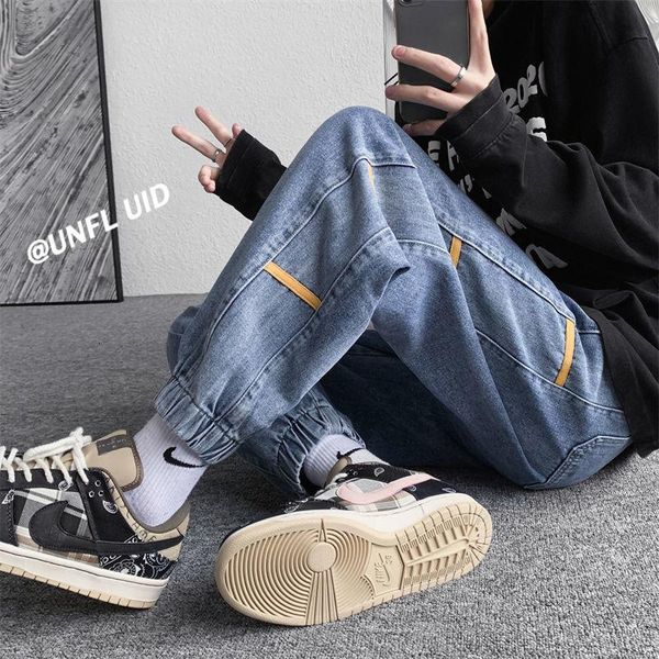 

men's jeans stitching webbing harem hiphop loose streetwear trousers oversize trendy sports casual washed denim four seasons, Blue