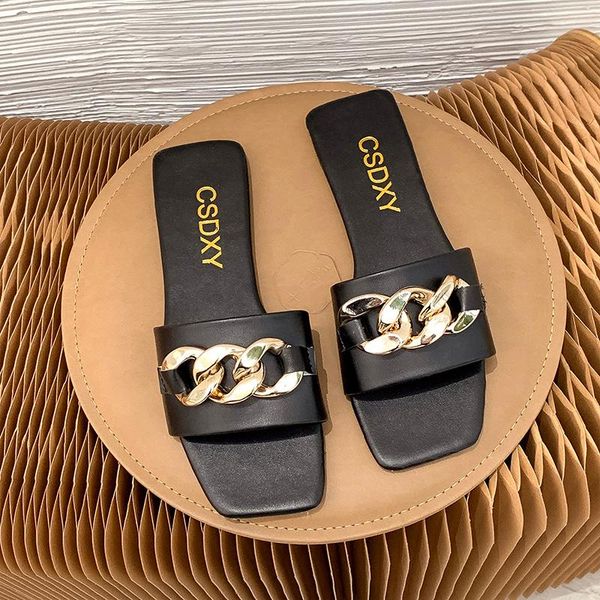 

slippers square toe golden chain decor women flat slide sandals with plus size 41- 42, Black