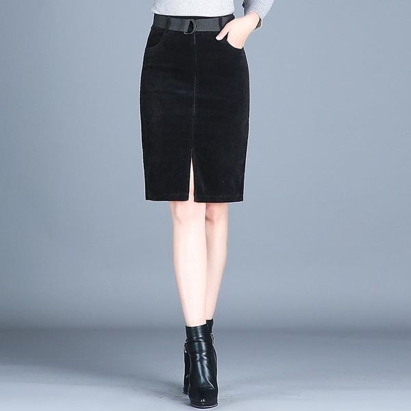 

skirts 2021 women high waist corduroy office lady knee-length straight skirt female fashion slim autumn winter clothing, Black