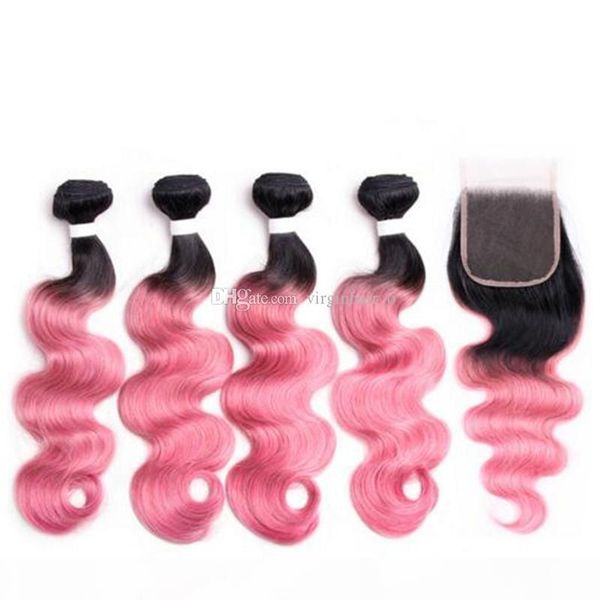 

9a 1b pink ombre brazilian hair 4 bundles with lace closure 5pcs lot dark roots ombre body wave human hair weave with closure, Black
