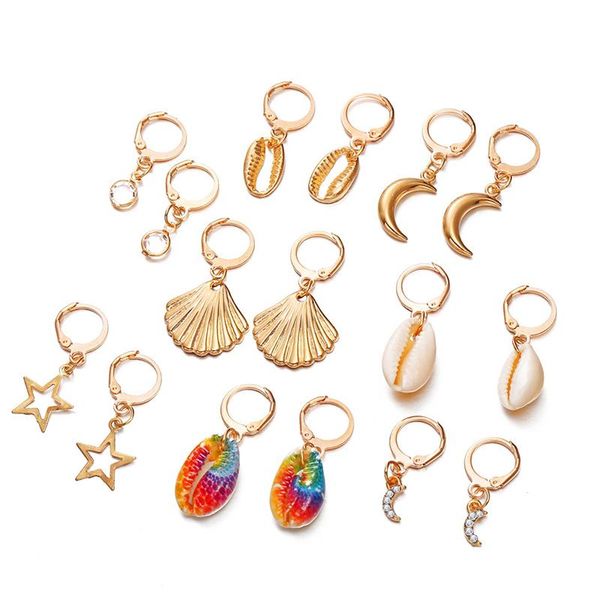 

hoop & huggie 8 pairs gold scallop shell star moon earrings for women ladies mini small earings rhinestone geometric pendientes jewelry, Golden;silver