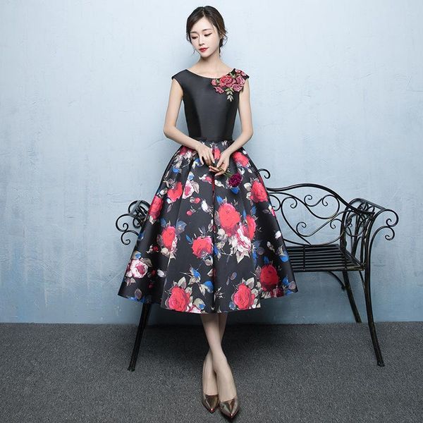 

ethnic clothing women print floral satin ball gown dress elegant sleeveless o-neck evening dresses mid-length wedding party xs-xxl vestidos, Red