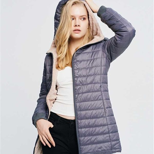 

winter jacket women hooded long sleeve thin fleece female slim fit medium section cotton coat 211013, Black