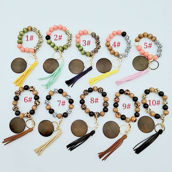 

2021 personalized blank wooden disc pendant keychain elastic cord bracelet key ring a variety of colors to choose from, Silver
