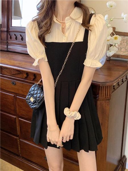 

casual dresses make firm offers korean hubble-bubble sleeve splice design a pleated female sweet holiday two dress # 1515, Black;gray