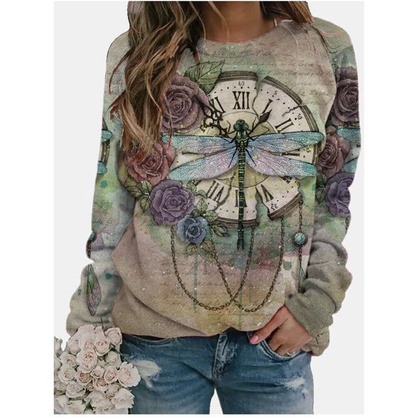 

2022 womens t-shirt casual round neck long sleeve vintage dandelion dragonfly print various color styles, White