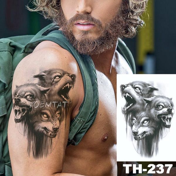 

temporary tattoos waterproof tattoo sticker sketch three wolf heads pattern animals water transfer body art flash fake tatoo