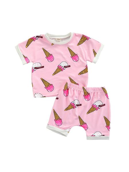

clothing sets 2pcs baby girls summer outfits, cute ice cream print short sleeve t-shirts + shorts set, White