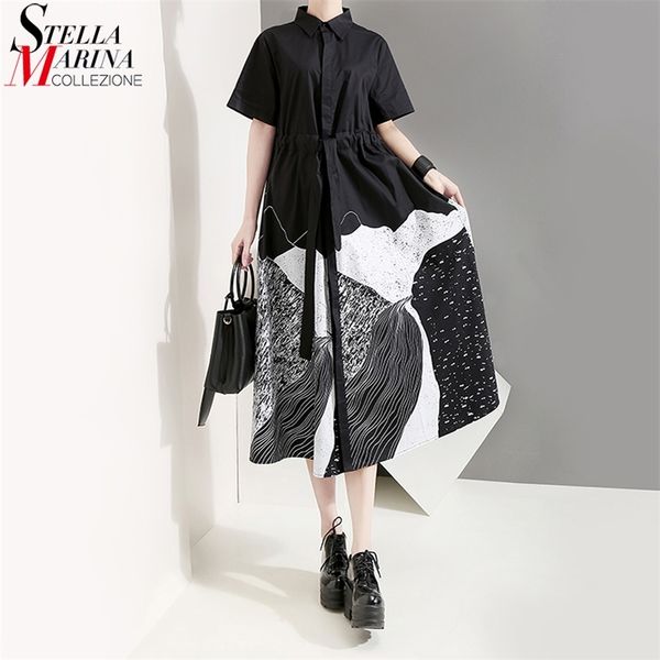 

new korean style women summer black painting long shirt dress sash printed plus size midi ladies casual vintage dress robe 5128 210309, Black;gray