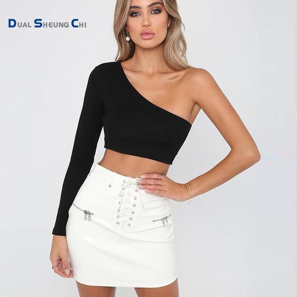 

women's t-shirt dual sheung chi one shoulder women shirt sleeveless slim solid crop spring summer fashion girls streetwear, White