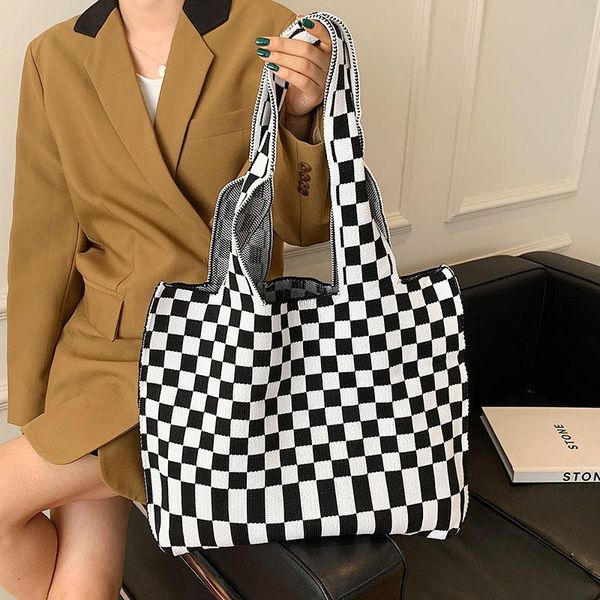 

evening bags ladies casual checkerboard checker wool knitted shoulder bag retro chic large capacity handbag shopping