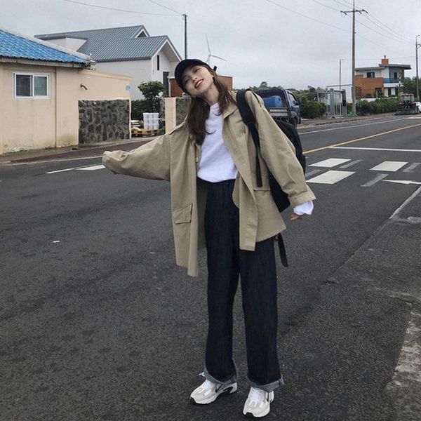 

women's trench coats female spring and autumn day department all-match medium long sunscreen clothes light ripe winter overalls windbre, Tan;black