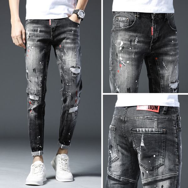 

ripped new skinny jeans for elastic paint slim pants men clothes hip hop streetwear spring autumn deep odos, Blue