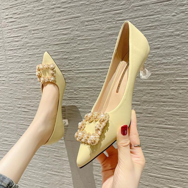 

dress shoes single women's outer wear stiletto heels 2021 autumn temperament pearl square buckle pointed high, Black