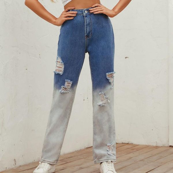 

women's jeans gradient color stitching denim vintage ripped high-waist slimming high street streetwear straight pants #t2q, Blue