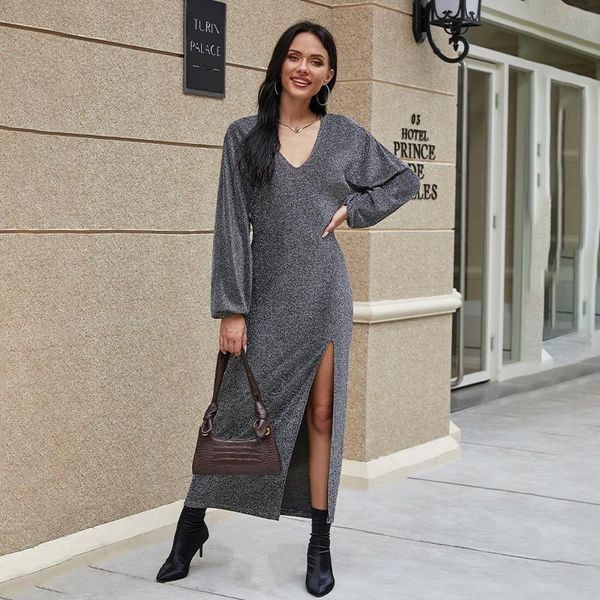 

casual dresses high split women dress fall winter bright silk v neck long sleeve solid slim black party maxi vestidos, Black;gray
