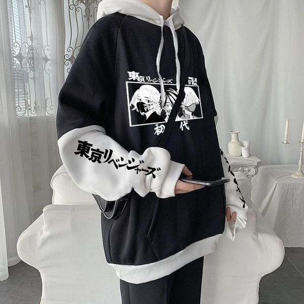 

men's hoodies & sweatshirts anime tokyo revengers kazutora hanemiya\manjirou sano women funny manga print winter oversized korean, Black