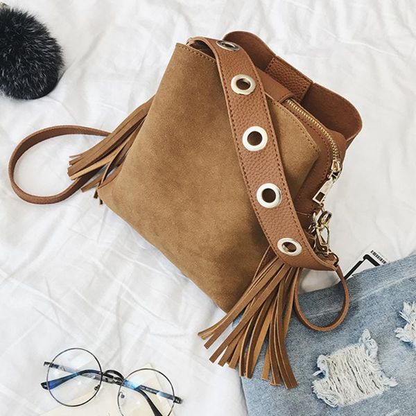 

women vintage bucket bag tassel zipper messenger retro shoulder simple wide shoulder strap crossbody bag bolsa feminina #srn
