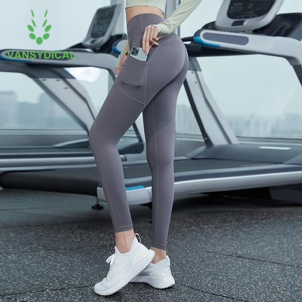 

vansydical women side pocket yoga pants leggings sports fitness high-waist gym running workout jogging tights hips push up, White;red