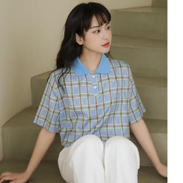 

women's t-shirt khaki summer loose shirt short sleeve color matching plaid female student ins fashion, White