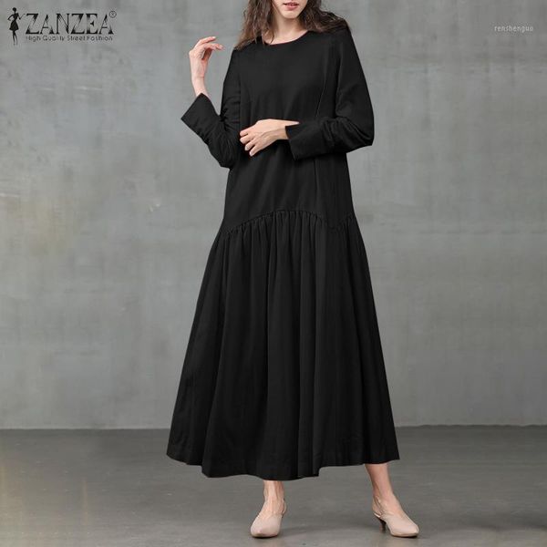 

retro solid high waist dress women's spring sundress zanzea 2021 casual long sleeve maxi vestidos female o neck robe plus size dresses, Black;gray