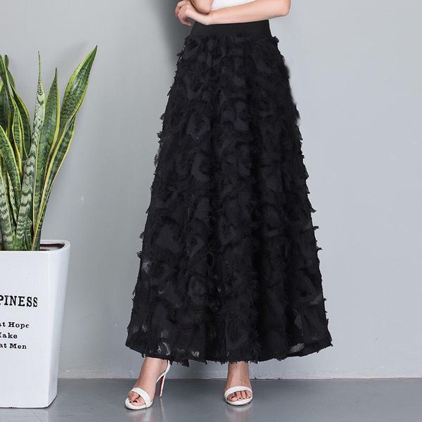 

skirts spring summer and autumn chiffon high waisted versatile a-line skirt with fluffy tassels ladies girls black