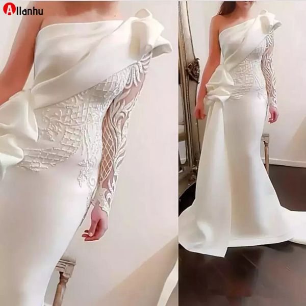 NEU! Elegante Schulter Meerjungfrau Abendkleider 2022 Weiße lange Ärmel Abendkleider Satin gerafft Rüschen Applique Abendkleid