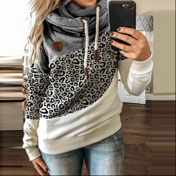 

women patchwork hooded sweatshirt autumn winter leopard print harajuku drawstring hoodie casual long sleeve pullover female, Black