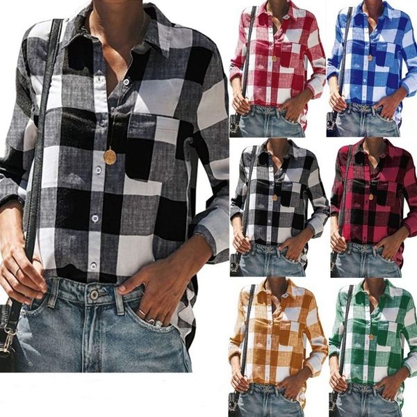 

2021 autumn new women's Lapel Plaid single breasted Long Sve Shirt, White;black