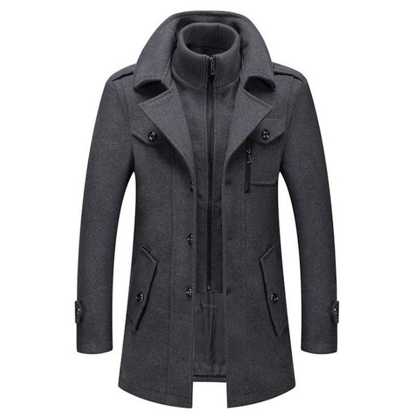 

men's hooded wool jacket winter autumn mens long windproof wool coat casual thick slim fit jacket male, Black