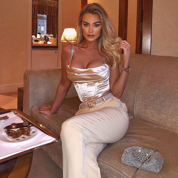 

satin diamond chain sling slim crop for women short corset female 2021 summer backless sleeveless t-shirts, White