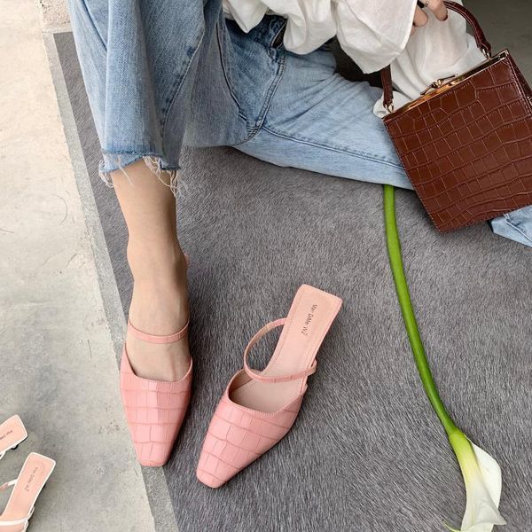 

square toe mules shoes women summer slippers thin heels casual shoes 2021 summer lady slided toe closed mules slippers pu, Black