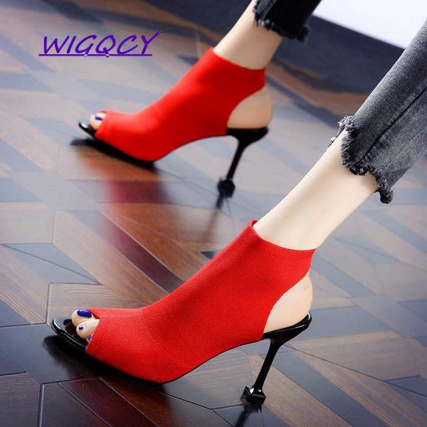 

sandals knitted elastic mesh peep toe high heel women 2021 summer shoes woman europe thin heels slip-on open female, Black
