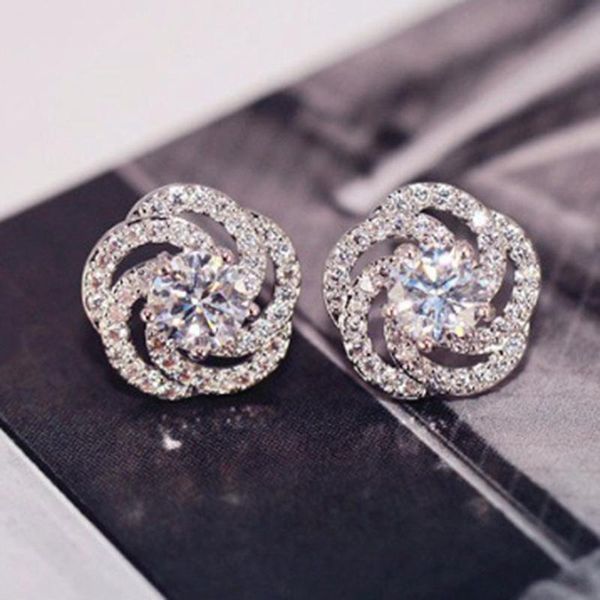 

stud classic rose flower zircon earrings crystal ear fashion jewelry, Golden;silver