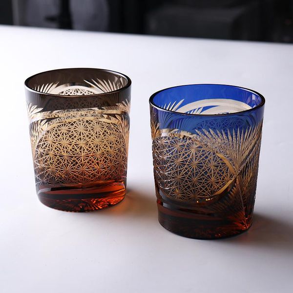 

wine glasses japan edo-kiriko cut glass mug-crystal whisky cup-phoenix pattern blue red bourbon cocktail and juice drink