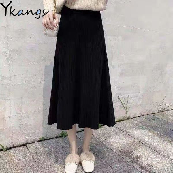 

2021 winter plus size thick warm big swing blue sweater skirts women elastic high waist midi long a-line knitted skirt streetwear 0m8x, Black