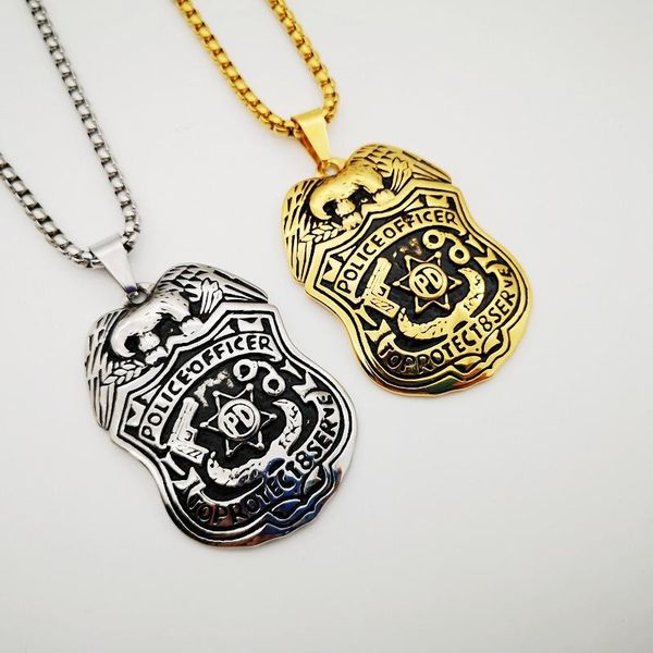

pendant necklaces vintage 316l stainless steel hip hop eagle pd badge necklace mens officer fashion jewelry, Silver