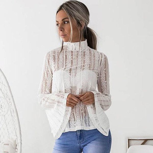 

women's blouses & shirts lace crochet chiffon flare long sleeve women blouse turtleneck stand collar transparent woman 2021 elegant lad, White