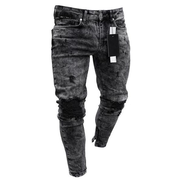 

men's jeans feitong cotton men spring 2021 menclothes denim pants distressed freyed slim fit casual trousers stretch ripped, Blue