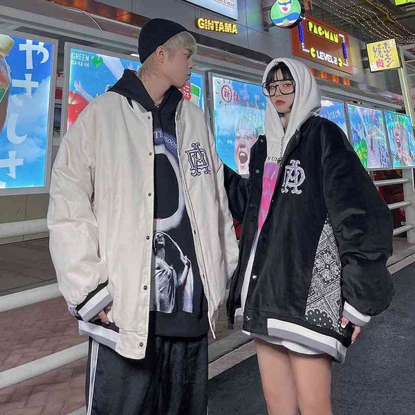 

gaojie deerskin cashew flower splicing jacket baseball jacket ins men's hip hop fashion couple cotton, Black