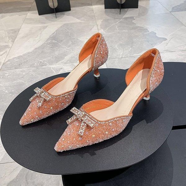 

stiletto pointed toe rhinestone party shoes women pumps bowknot shallow mouth sandals woman high heel shoe zapatillas mujer, Black