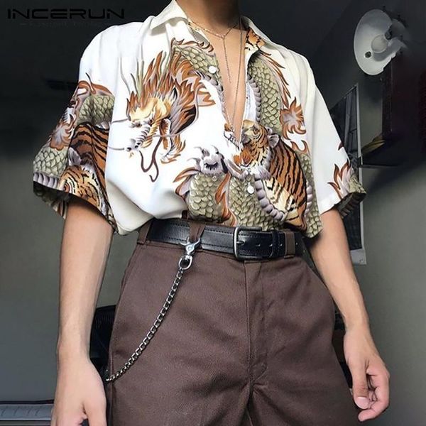 

man loose dragon floral shirts incerun fashion printed men shirts short sleeve lapel neck blouse vintage button camisa plus size, White;black