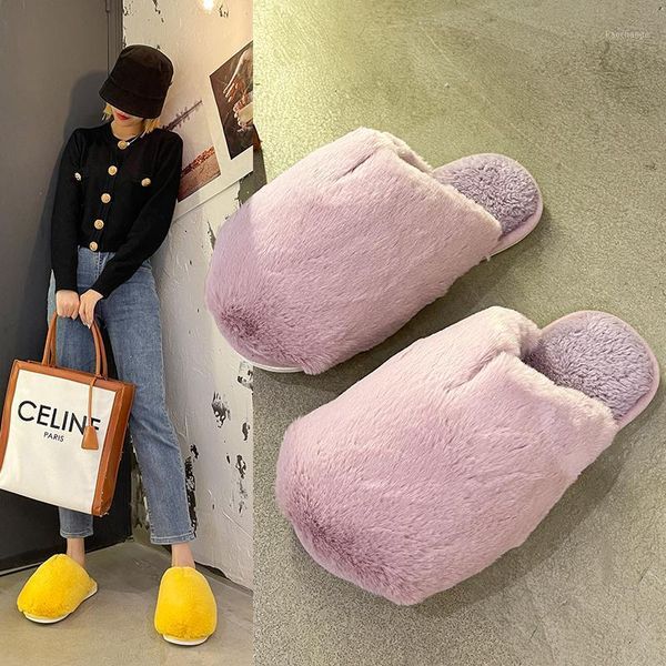 

slippers winter women house furry fashion faux fur warm shoes slip on flats female home slides black plush