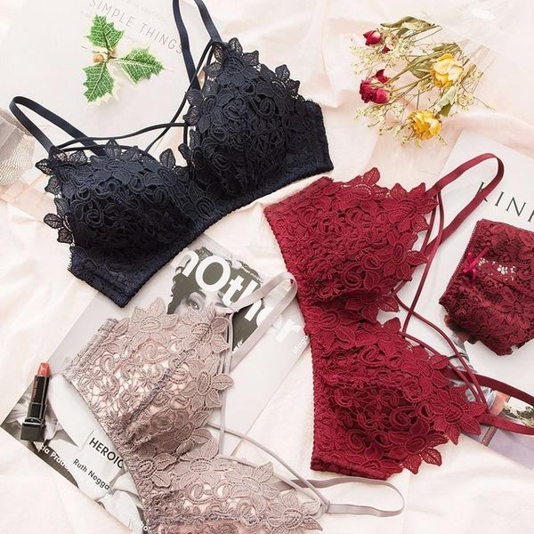 

bras sets wasteheart women fashion lace ruffle hollow out bra adjustable straps bralette cotton panties push up underwear lingerie, Red;black